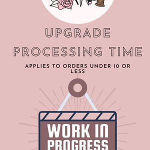 May include: A pink and white graphic with the text "Cyns Market Co" in a circle. The text "UPGRADE PROCESSING TIME" is below the circle. The text "APPLIES TO ORDERS UNDER 10 OR LESS" is below the text "UPGRADE PROCESSING TIME". A brown circle with a white outline is below the text. A brown sign with a white outline and the text "WORK IN PROGRESS" is hanging from the brown circle. The sign has white diagonal stripes on the top and bottom. The sign is surrounded by white rays.