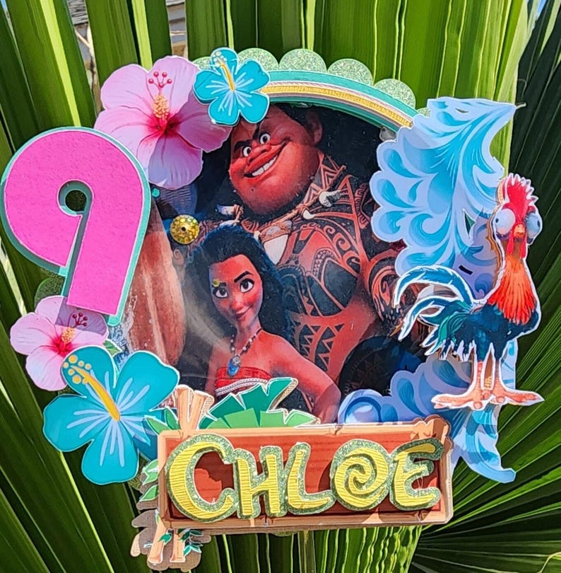 Maui cake topper, Maui birthday cake topper, blue and pink island girl topper, custom moana party favors, Maui theme party banners image 2