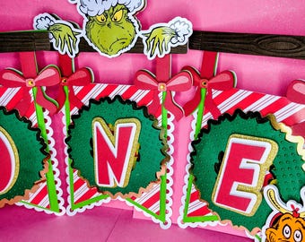 Mean ONE birthday banner, highchair banner, Green guy, first birthday, baby's birthday, party decor, Christmas decor, baby's first, one bday