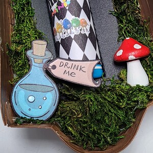 May include: A blue and white bottle with a black and white checkered pattern and the words "M&M's" on it. The bottle has a tag that says "Drink Me". There is a red and white mushroom and a blue glass bottle with bubbles in it.