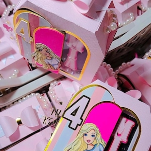 Pink Barbs themed party favor bags, personalized party favor bag, pink party favors, doll theme bag, pink plaid, gable boxes, personalized