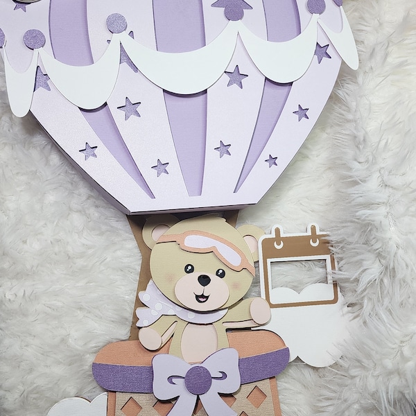 Purple hot air balloon birth announcement box, baby shower gift box, baby keepsake box, gender reveal box, gift box for baby, push gift box.