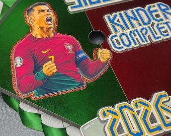 Graduation cap cover, Soccer fans, Soccer team, preK, kindergarten graduation, school grad, lei, personalized grad cap, red and green, CR7