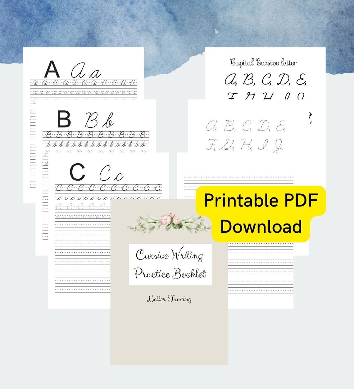 Cursive Writing Practice Printable PDF - Handwriting Practise -tracing and Lined Pages - Home ...