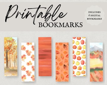 Set of 6 Digital Fall Watercolor Bookmarks, Digital Product, Printable Bookmarks, Instant Download