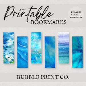 Set of 6 Digital Blue Watercolor Bookmarks, Digital Product, Printable Bookmarks, Instant Download