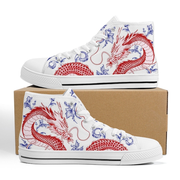 Red Dragon Blue Ceramic White High Top Converse Style Sneakers | Custom Shoes | Casual Shoes | Mens Womens Shoes | Unisex Sneakers Adults