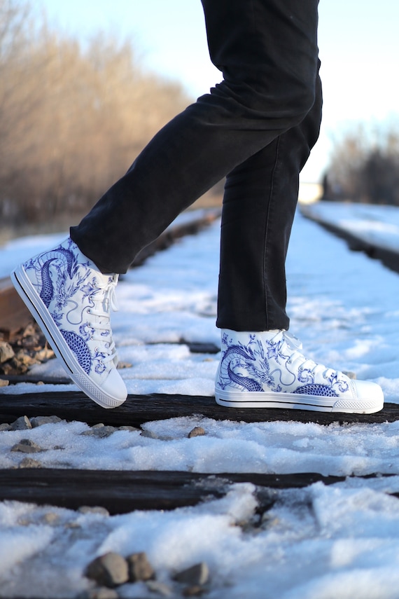 Blue Dragon Blue Ceramic White High Top Converse Style Sneakers Custom Shoes Casual Shoes Mens Womens Shoes Unisex Sneakers Adults