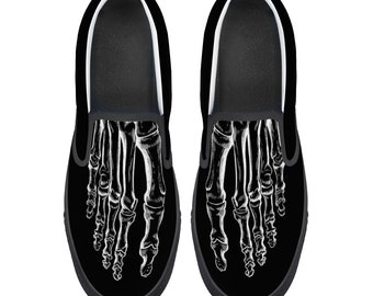 Skeleton Feet Vans Style Black Casual Shoes| Custom Shoes | Slip On Shoes | Mens Womens Shoes | Unisex Sneakers Adult