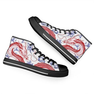 Chinese Dragon Rose Pattern Print Men Women's High Top Shoes