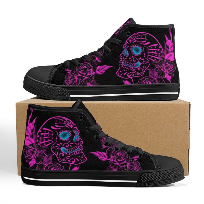Sugar Skull Skeleton Girly Rose Floral Pattern Print Black Sneaker Shoes For Men Women