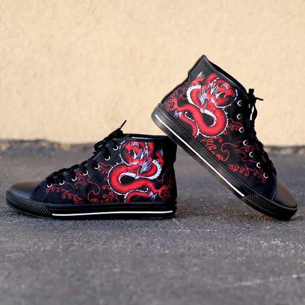 Red Dragon High Top Converse Style Sneakers | Custom Shoes | Casual Shoes | Mens Womens Shoes | Unisex Sneakers Adults