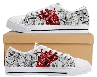 Moth and Flowers White Low Top Converse Style Sneakers | Custom Shoes | Casual Shoes