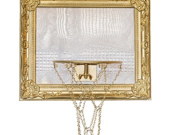White Alligator Leather Mini Basketball Hoop: Gold Chain Net & Rim