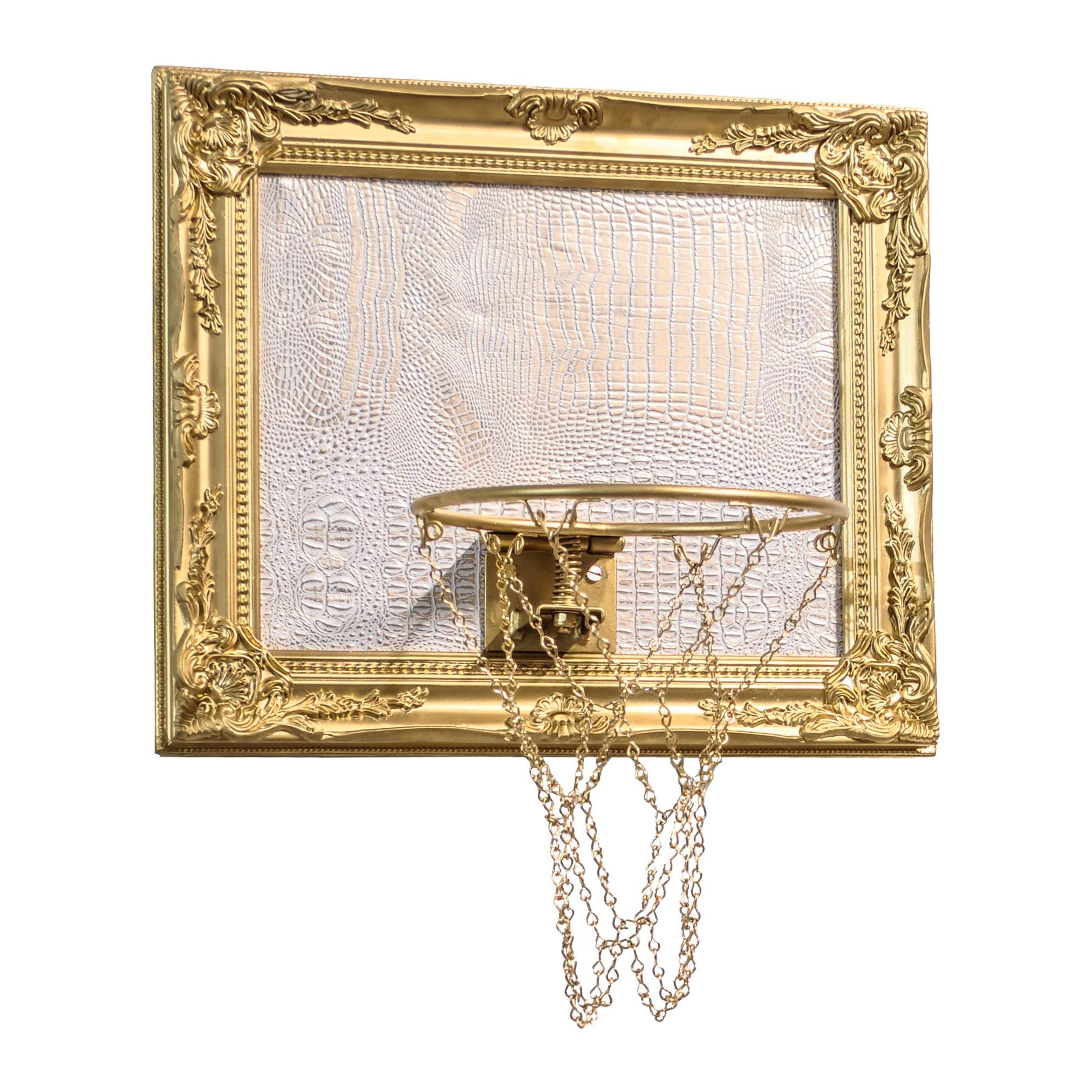 White Alligator Leather Mini Basketball Hoop: Gold Chain Net & Rim