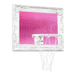 Luxurious indoor mini basketball hoop with a polished white wood frame and faux leather, perfect for home offices, game rooms, or gallery walls. Stylish and functional sports decor piece.