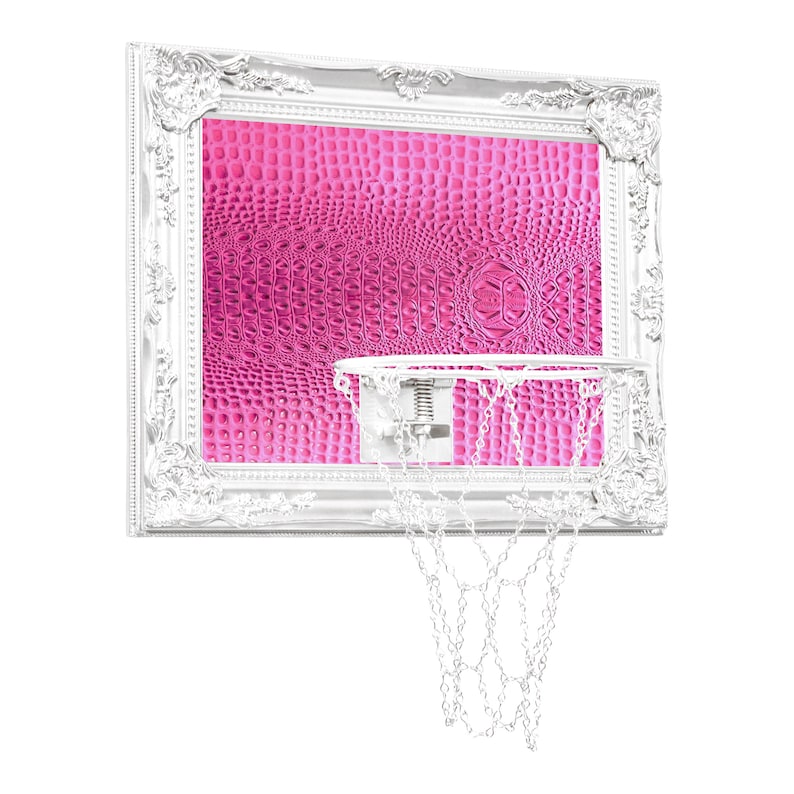 Luxurious indoor mini basketball hoop with a polished white wood frame and faux leather, perfect for home offices, game rooms, or gallery walls. Stylish and functional sports decor piece.