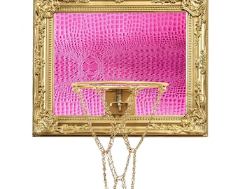 Pink Alligator Leather Mini Basketball Hoop: Gold Chain Net & Rim