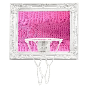 Luxurious indoor mini basketball hoop with a polished white wood frame and faux leather, perfect for home offices, game rooms, or gallery walls. Stylish and functional sports decor piece.