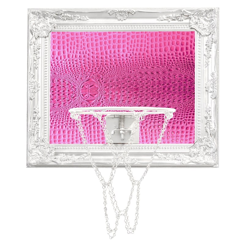 Luxurious indoor mini basketball hoop with a polished white wood frame and faux leather, perfect for home offices, game rooms, or gallery walls. Stylish and functional sports decor piece.