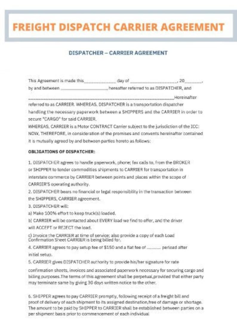 Freight Dispatch Carrier Contract Agreement Etsy Freight Dispatch Carrier Contract Agreement Etsy