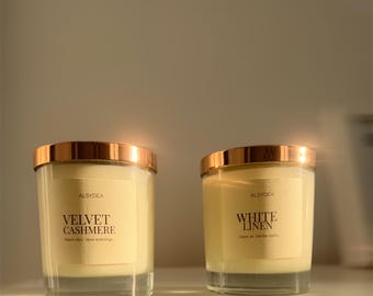 Set de dos velas de lujo / Lino blanco y cachemir aterciopelado / Coco Pro Candles / Set de regalo de fragancias para el hogar / Reino Unido