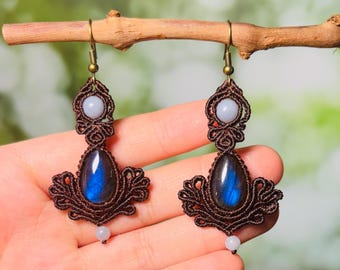 Handmade Labradorite Macrame Earthy Earrings| Boho Jewelry Gift for Her| Valentines Gift for Her| Dangle Earrings Jewelry Gift for Mom