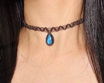 Gargantilla de macramé de labradorita / Collar ajustable / Collar bohemio / Regalo para ella / Collar de cristal / Estilo natural / Collar artesanal