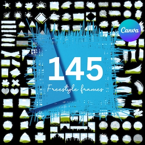 May include: A collection of 145 freestyle frames in various shapes and sizes. The frames are white and have a textured, brushstroke effect. The frames are arranged in a grid pattern on a black background. The text "145 Freestyle Frames" is in white text on a blue background.