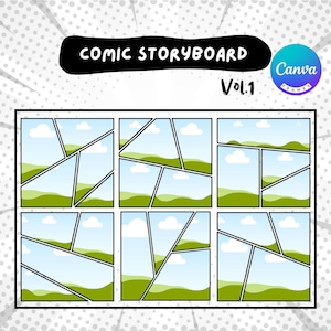 May include: A comic storyboard template with nine panels, each divided into smaller sections. The panels are set against a blue sky with white clouds and green grass. The text "COMIC STORYBOARD Vol.1" is at the top of the image, and the Canva logo is in the upper right corner.