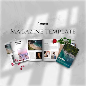 Può includere: Un mockup di un modello di rivista con la parola "Canva" in un font scritto a mano sopra le parole "MAGAZINE TEMPLATE". L'immagine mostra tre riviste aperte con diverse copertine e titoli: "Romantic Odyssey", "Bali Bliss" e "Travel & Adventure Magazine".