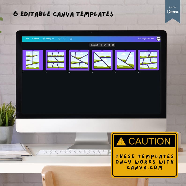 May include: A computer screen displaying six different Canva templates for social media posts. The templates are made up of a grid of images with a purple background. The text on the screen reads "6 Editable Canva Templates" and "Edit in Canva". A yellow caution sign reads "These templates only work with Canva.com".