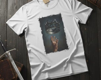Fan-designed : Hand Reaching for Floating Crown Unisex T-Shirt | Dark Fantasy Illustration