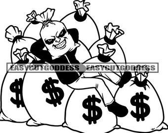 Sac d’argent Tête Homme Personnage de dessin animé Se vantant Poser Top Sacs Plein d’argent Sarcastique Sourire Dope Homme SVG PNG JPG Vector Designs Couper des fichiers