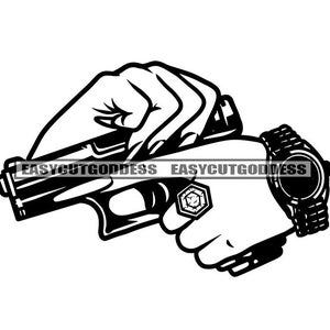 May include: Black and white illustration of a hand holding a gun and a watch. The watch has a large face and a thick band.