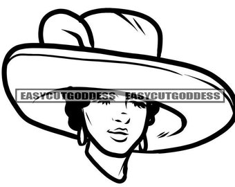 Melanina Santa Mujer Rostro Usando Iglesia Gran Sombrero con Clase Pamela Cerrada Retrato Femenino Modelo Elegante SVG PNG JPG Diseños Vectoriales Cortar Archivos