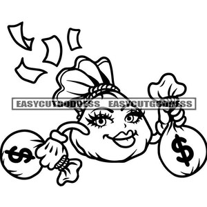 Hustler Feminino Saco de Dinheiro Personagem de desenho animado Segurando Sacos de Dinheiro Grind Boss Lady Dope Girl Long Lashes SVG PNG JPG Desenhos vetoriais Arquivos cortados
