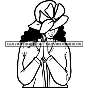 Op de afbeelding: Zwart-witte lijntekening van een persoon die een hoed met strik draagt en bidt met gevouwen handen.