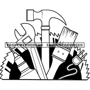 Logotipo de construcción Motosierra Herramientas Equipo Martillo Contratista Carpintero Destornillador Pincel Llave SVG PNG JPG Diseño vectorial Archivos de corte