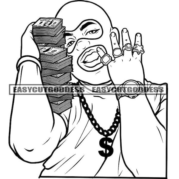 Gangster Chubby Man Ski Mask Burglar Money Stack Bragging Gold Rings Cash Bank Gold Chain Street Boy SVG PNG JPG Vector Design Cut Files