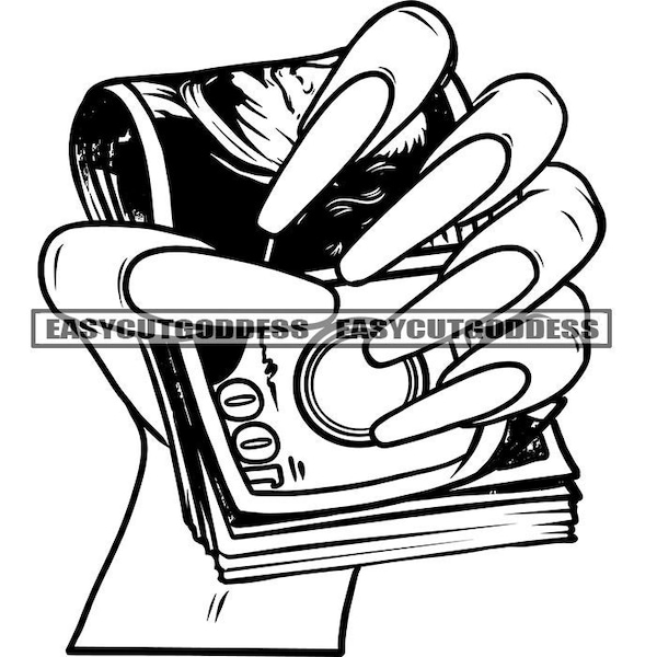 Female Feminine Woman Hand Holding Money Stack Cash One Hundred Dollar Long Nails New Trend Manicure SVG PNG JPG Vector Designs Cut Files