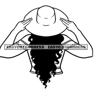 Melanin Woman Holding Classy Hat Pamela Long Curly Hair Closed Up Nubian Portrait Backward Classy Lady SVG PNG JPG Vector Designs Cut Files