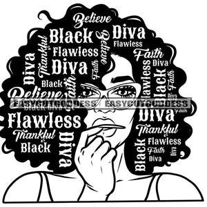 Believe Black Diva Flawless Hair Quotes Latina Woman Portrait Young Lady Stylish Closeup Fashion Glasses SVG PNG JPG Vector Design Cut Files