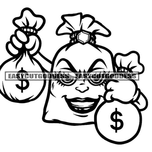 Hustler Female Money Bag Cartoon Charakter Tragetaschen voller Cash Dope Bank Mädchen Hip Hop Rap Grind SVG PNG JPG Vektor Designs Cut Files