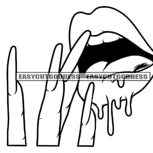 Female Hands Touching Lips Mouth Dripping White Teeth Tongue Long Nails New Trending Funky Manicure SVG PNG JPG Vector Designs Cut Files
