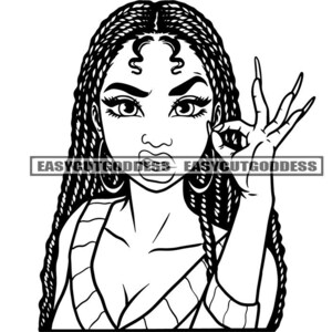Melanin Woman Portrait Braids Braided Hair Okay Sign Long Nails Hoop Earrings Nubian African Mix Ethnic SVG PNG JPG Vector Designs Cut Files