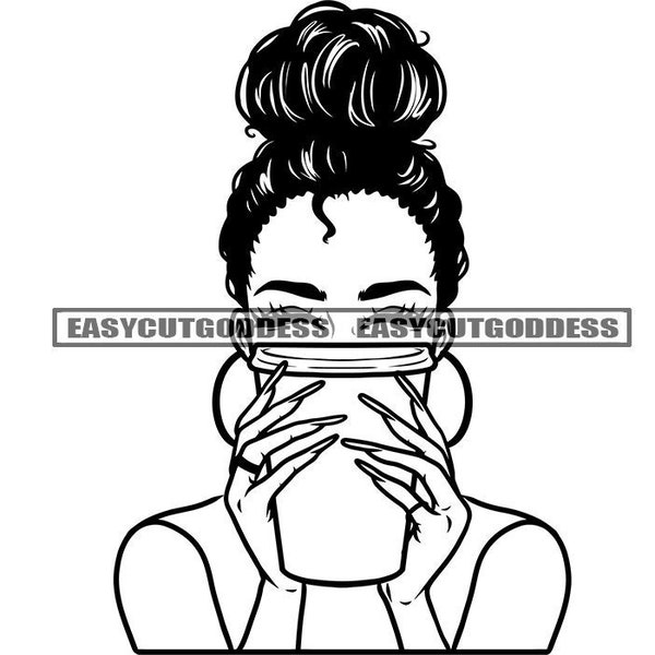 Mujer sosteniendo taza de café en su cara Moño desordenado Peinado Uñas largas Nubian Mix Ethnic Melanin Lady SVG PNG JPG Vector Designs Cut Files