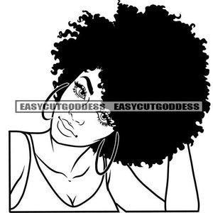 Afro Vrouw Vrouwelijk Gezicht Kinky Haar Hoepel Oorbellen Make Up Model Schoonheid Melanine Portret Stijlvolle Close-up SVG PNG JPG Vector Ontwerpen Cut Files