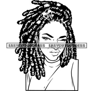 Melanin Woman Face Closed Up Winkey Eye Mean Face Dreads Locs Hairstyle Stylish Mix Ethnicity Womanly SVG PNG JPG Vector Designs Cut Files