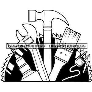 Herramienta de construcción Equipo motosierra Martillo Contratista Carpintero Destornillador Mantenimiento Renovación SVG PNG JPG Vector Diseño Archivos de corte